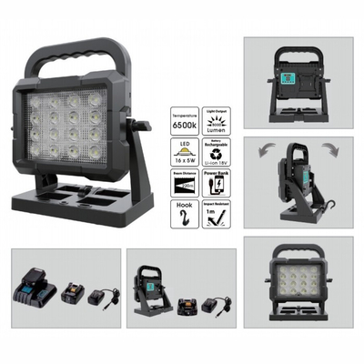 삼각기 장착 80W 재충전 가능한 고 뤼멘 LED 워크 라이트 18V 전원 도구 배터리